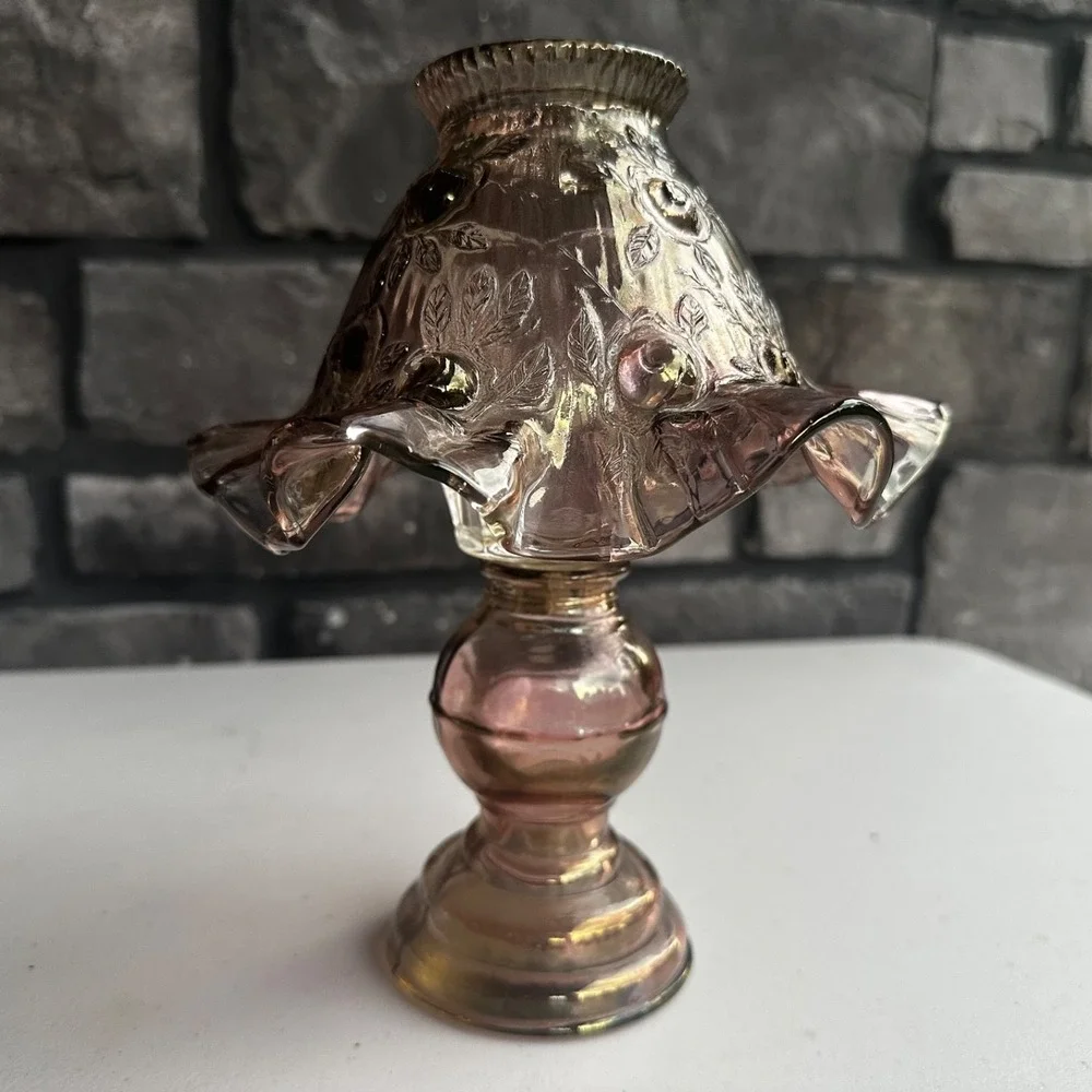 Vintage Fenton Cabbage Rose Glass Fairy Lamp Light Amethyst - 3 Piece - Cottage